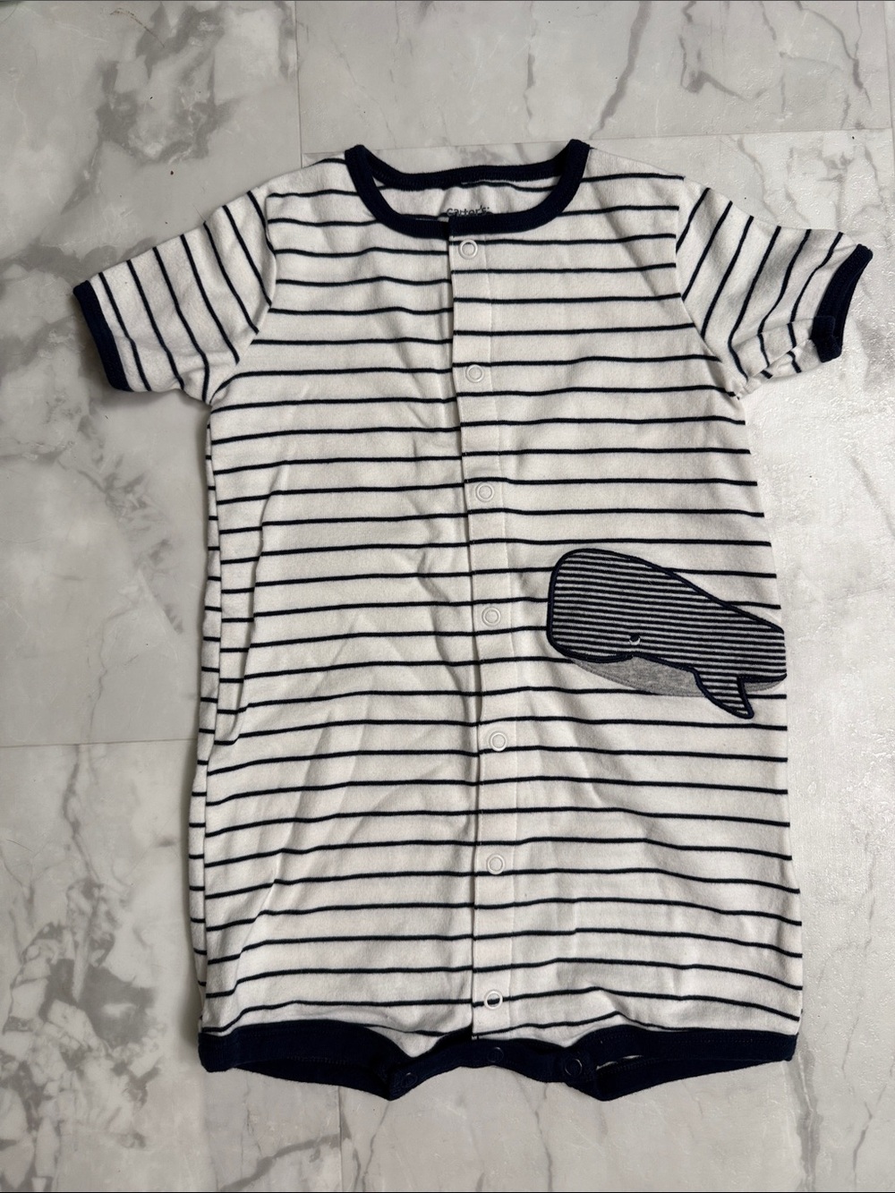 Carter's Navy & White Striped Short-Sleeve Romper Pajama with Whale